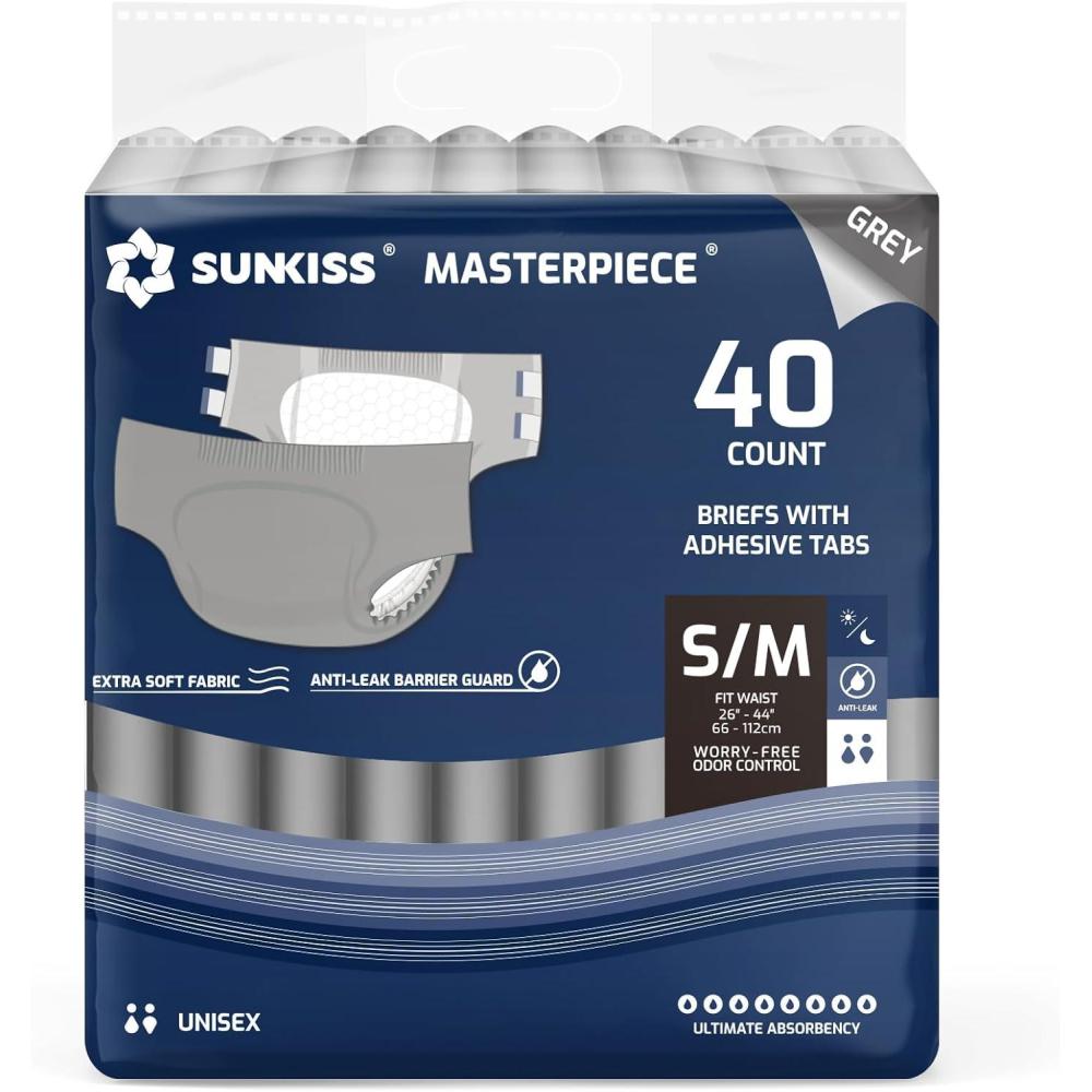image:imageSUNKISS Masterpiece Adult Diapers with Tabs Unisex Disposable Incontinence Briefs for Women and Men Odor Control Blue LXL 40 CountGrey