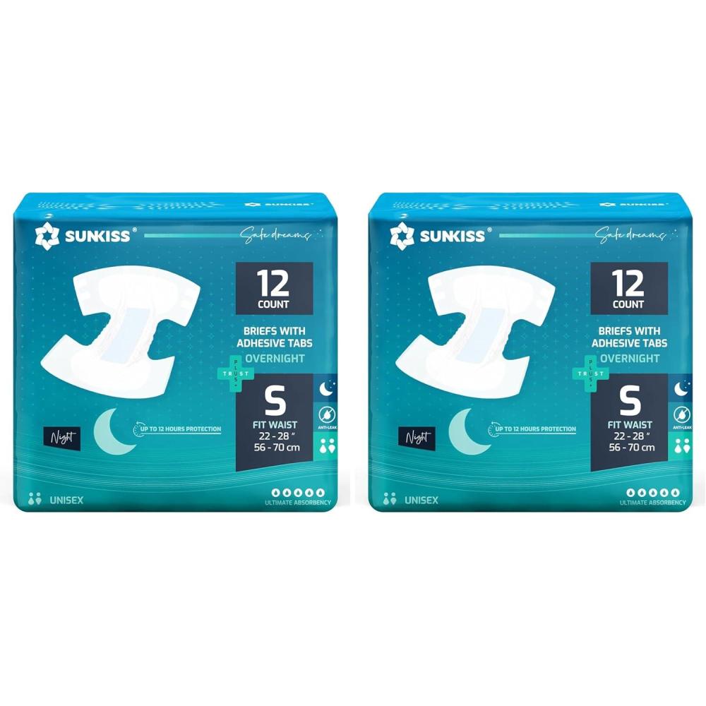 image:imageSUNKISS TrustPlus Overnight Adult Diapers with Tabs Unisex Disposable Incontinence Briefs for Men and Women Odor Control Small 12 CountSmall Pack of 2