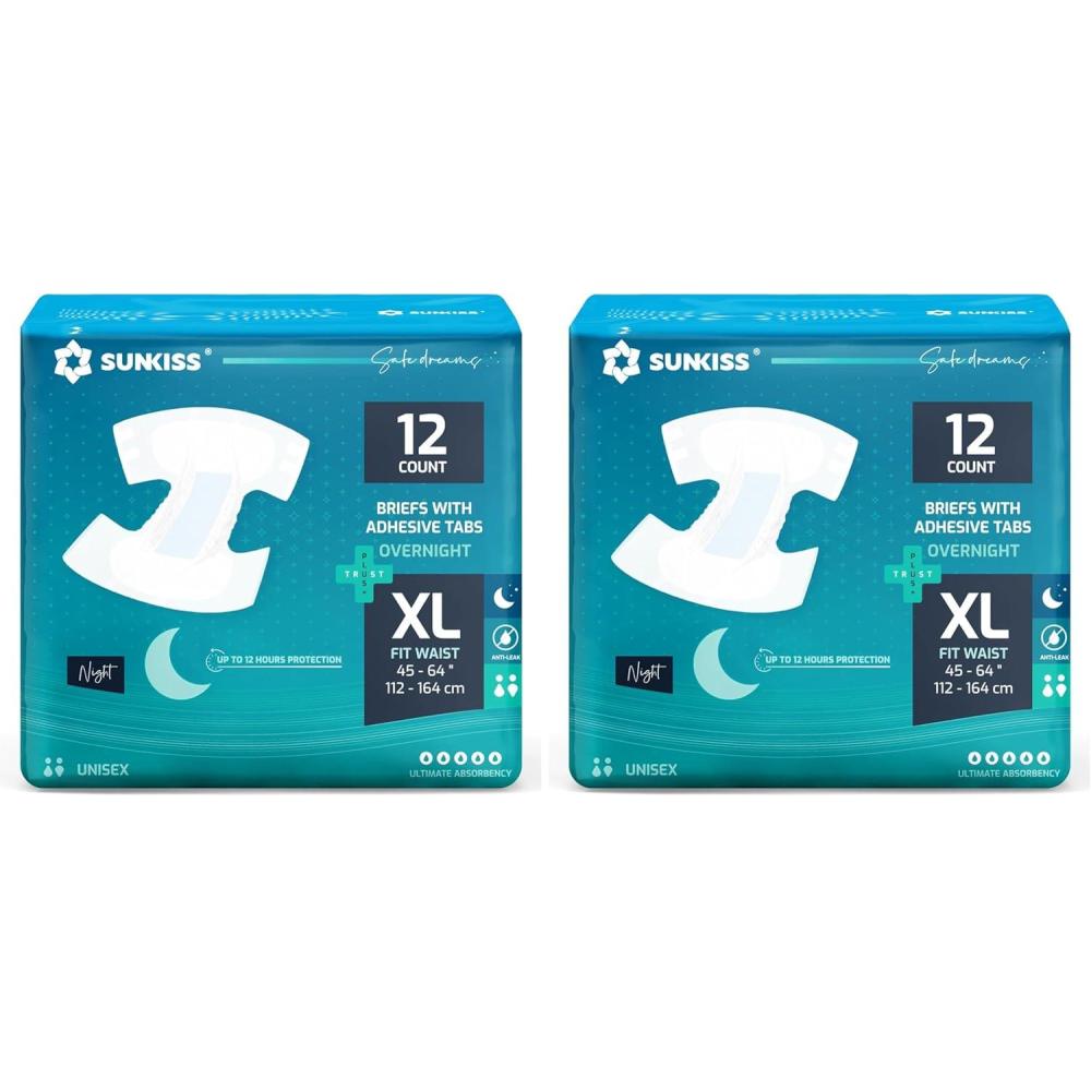 image:imageSUNKISS TrustPlus Overnight Adult Diapers with Tabs Unisex Disposable Incontinence Briefs for Men and Women Odor Control Small 12 CountXLarge Pack of 2