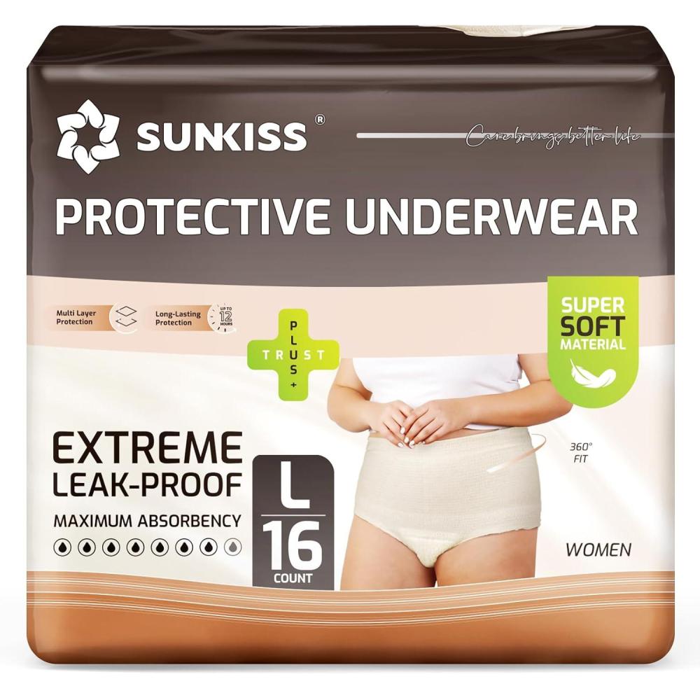 image:imageSUNKISS Women Incontinence Underwear Daytime Disposable Postpartum Adult Panties Protective Pull Ups with Maximum Absorbency Medium Beige 32 CountLarge