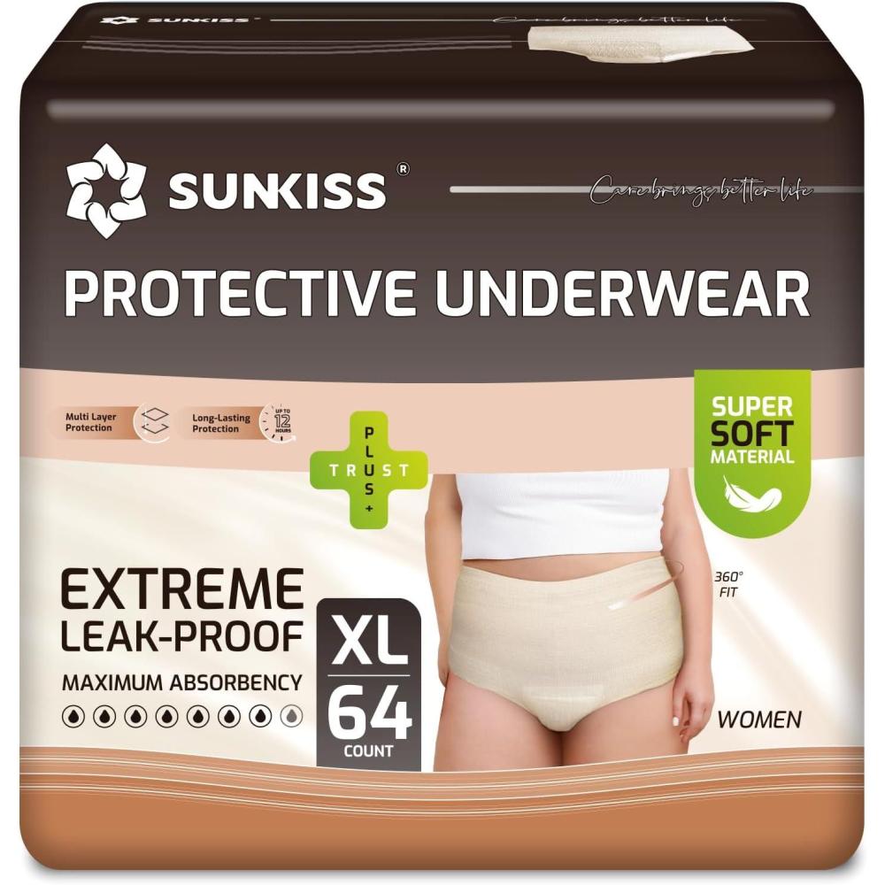 image:imageSUNKISS Women Incontinence Underwear Daytime Disposable Postpartum Adult Panties Protective Pull Ups with Maximum Absorbency Medium Beige 32 CountXLarge