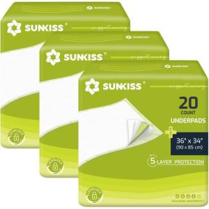 SUNKISS TrustPlus 36″ x 34″ Disposable Underpads for Incontinence, Super Absorbent Leakproof Bed Pads, Furniture Protectors, Pee Pads for Adults, Kids, Elderly, and Pets, 20 Count(36″x34″-60 count)