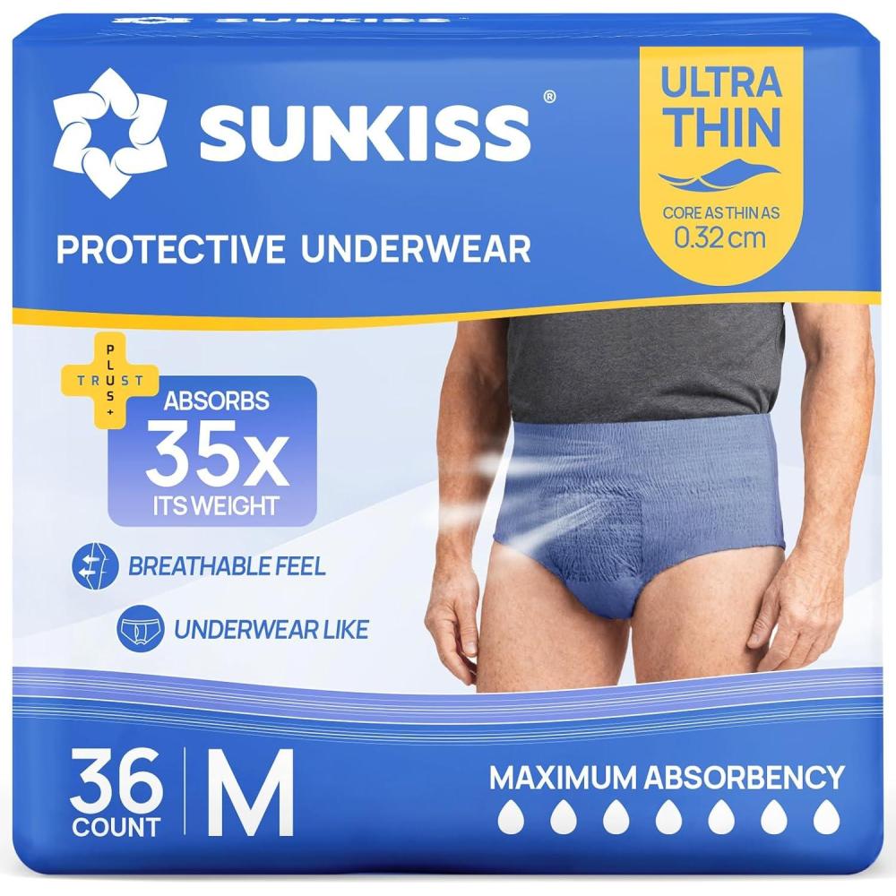 image:imageSUNKISS Ultra Thin Incontinence Underwear for Men Mens Disposable Pull Ups Fast Absorption amp Leak Proof Protection Moderate Absorbency Large Blue 36 CountMedium