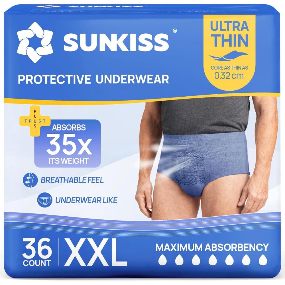 image:imageSUNKISS Ultra Thin Incontinence Underwear for Men Mens Disposable Pull Ups Fast Absorption amp Leak Proof Protection Moderate Absorbency Large Blue 36 CountXXLarge