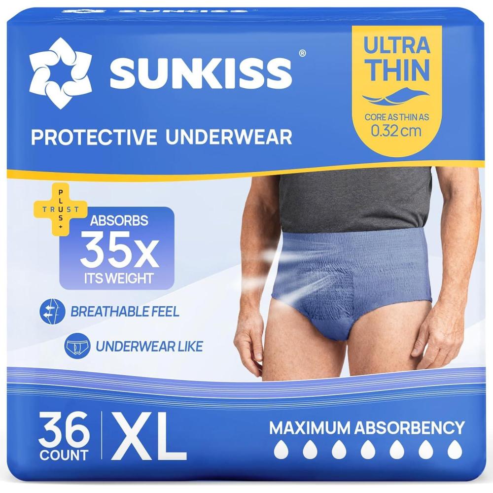 image:imageSUNKISS Ultra Thin Incontinence Underwear for Men Mens Disposable Pull Ups Fast Absorption amp Leak Proof Protection Moderate Absorbency Large Blue 72 CountXLarge